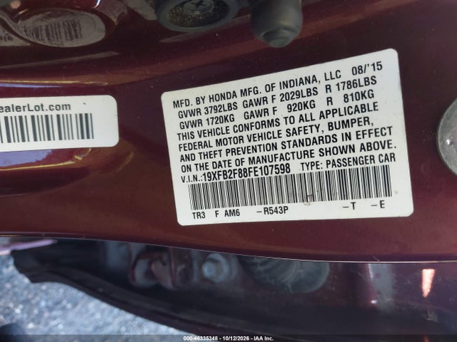Продажа на аукционе авто 2015 Honda Civic Ex, vin: 19XFB2F88FE107598, номер лота: 46335348