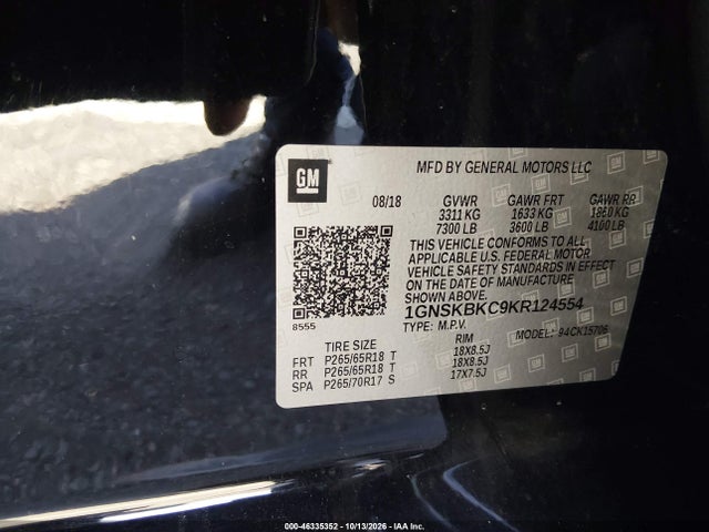 Aukcja sprzedaży 2019 Chevrolet Tahoe Lt, vin: 1GNSKBKC9KR124554, numer aukcji: 46335352
