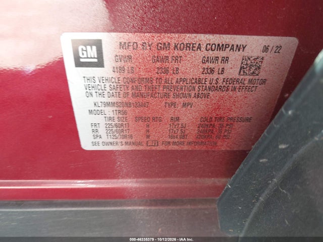 46335379 :رقم المزاد ، KL79MMS20NB133447 vin ، 2022 Chevrolet Trailblazer Fwd Ls مزاد بيع