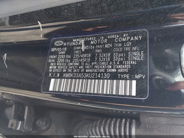 2019 Hyundai Kona Limited მანქანა იყიდება აუქციონზე, vin: KM8K33A53KU214130, აუქციონის ნომერი: 46335392