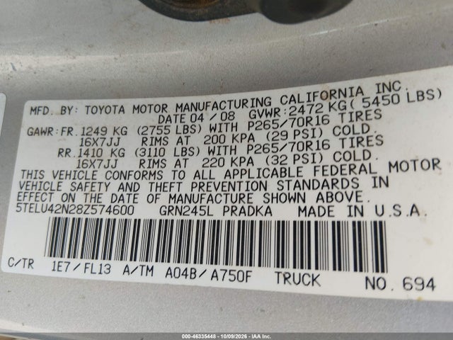 Продаж на аукціоні авто 2008 Toyota Tacoma Base V6, vin: 5TELU42N28Z574600, номер лоту: 46335448