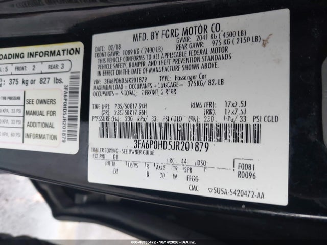 Продаж на аукціоні авто 2018 Ford Fusion Se, vin: 3FA6P0HD5JR201879, номер лоту: 46335472