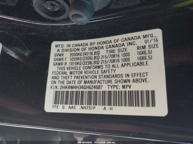 Auction sale of the 2016 Honda Cr-v Lx, vin: 2HKRM4H34GH624687, lot number: 46335520