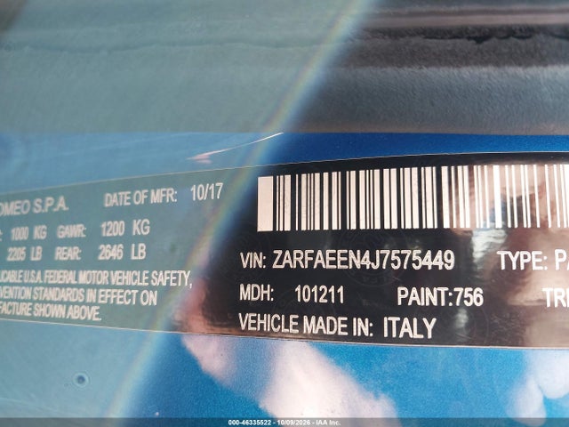 Продажа на аукционе авто 2018 Alfa Romeo Giulia Ti Sport Awd, vin: ZARFAEEN4J7575449, номер лота: 46335522