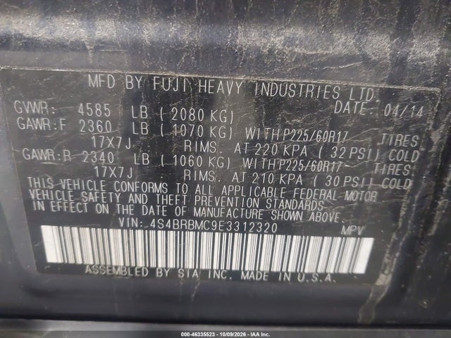 46335523 :رقم المزاد ، 4S4BRBMC9E3312320 vin ، 2014 Subaru Outback 2.5i Limited مزاد بيع