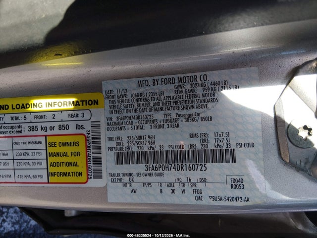 46335524 :رقم المزاد ، 3FA6P0H74DR160725 vin ، 2013 Ford Fusion Se مزاد بيع