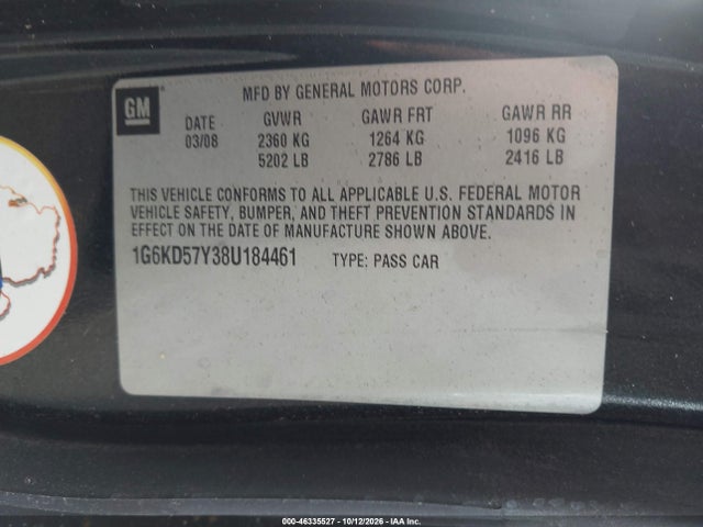 46335527 :رقم المزاد ، 1G6KD57Y38U184461 vin ، 2008 Cadillac Dts 1sb مزاد بيع