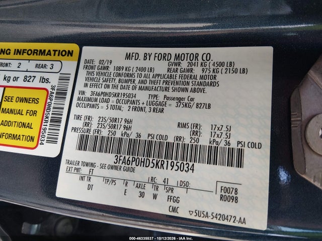 3FA6P0HD5KR195034 Ford FUSION SE