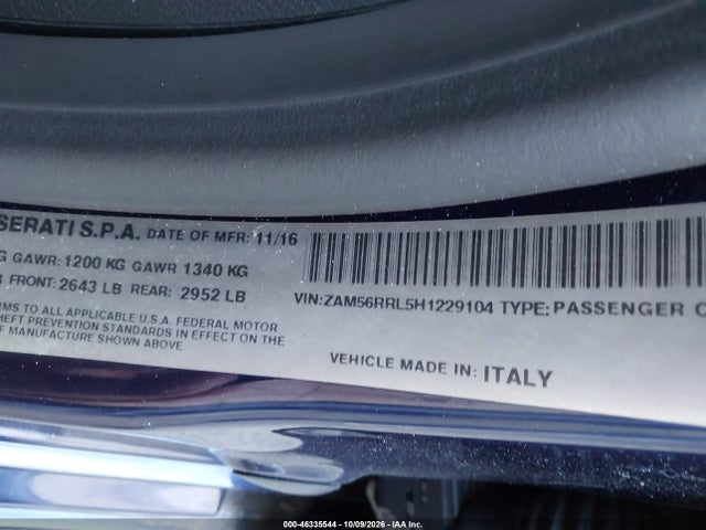 Продаж на аукціоні авто 2017 Maserati Quattroporte S Q4 Granlusso, vin: ZAM56RRL5H1229104, номер лоту: 46335544