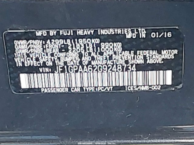 2016 Subaru Impreza 2.0i მანქანა იყიდება აუქციონზე, vin: JF1GPAA62G9248734, აუქციონის ნომერი: 46335549