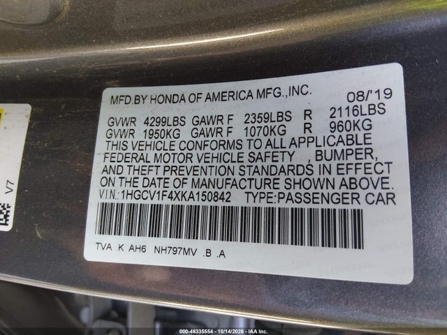 Aukcja sprzedaży 2019 Honda Accord Ex, vin: 1HGCV1F4XKA150842, numer aukcji: 46335554
