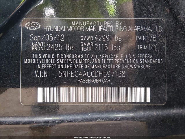 2013 Hyundai Sonata Limited მანქანა იყიდება აუქციონზე, vin: 5NPEC4AC0DH597138, აუქციონის ნომერი: 46335555