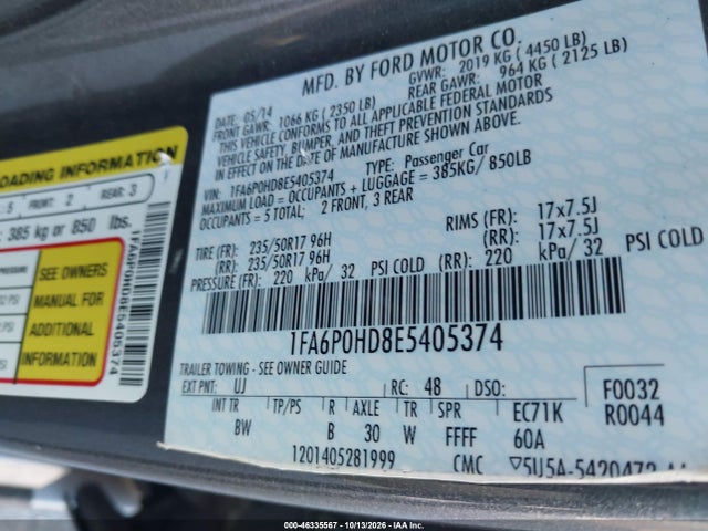 Продажа на аукционе авто 2014 Ford Fusion Se, vin: 1FA6P0HD8E5405374, номер лота: 46335567