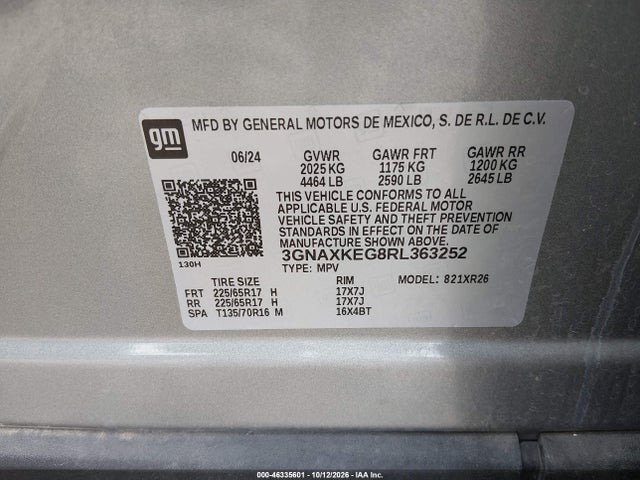 Aukcja sprzedaży 2024 Chevrolet Equinox Fwd Lt, vin: 3GNAXKEG8RL363252, numer aukcji: 46335601