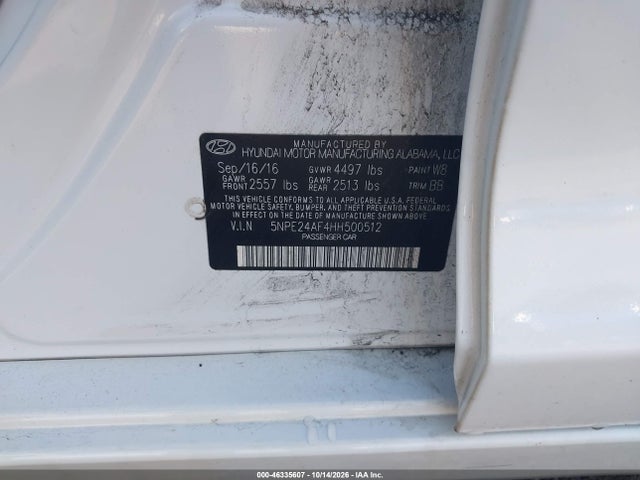 2017 Hyundai Sonata Se მანქანა იყიდება აუქციონზე, vin: 5NPE24AF4HH500512, აუქციონის ნომერი: 46335607
