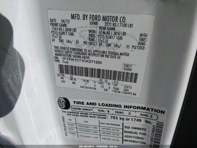 2012 Ford F-150 Xlt მანქანა იყიდება აუქციონზე, vin: 1FTFW1CT1CKD71200, აუქციონის ნომერი: 46335615