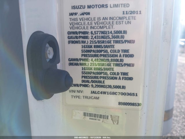 46335622 :رقم المزاد ، JALC4W168C7003651 vin ، 2012 Isuzu Npr Hd Dsl Reg مزاد بيع