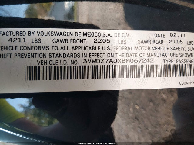 Aukcja sprzedaży 2011 Volkswagen Jetta 2.5l Se, vin: 3VWDZ7AJXBM067242, numer aukcji: 46335623