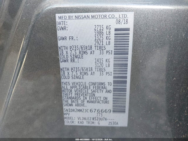 2018 Nissan Pathfinder Sv მანქანა იყიდება აუქციონზე, vin: 5N1DR2MM2JC676669, აუქციონის ნომერი: 46335668