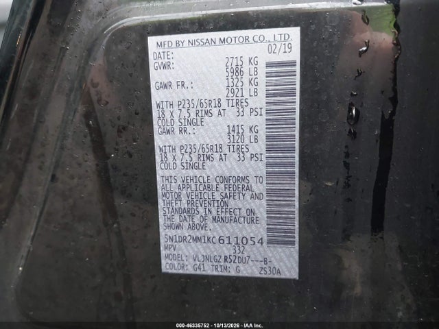 46335752 :رقم المزاد ، 5N1DR2MM1KC611054 vin ، 2019 Nissan Pathfinder Sl مزاد بيع