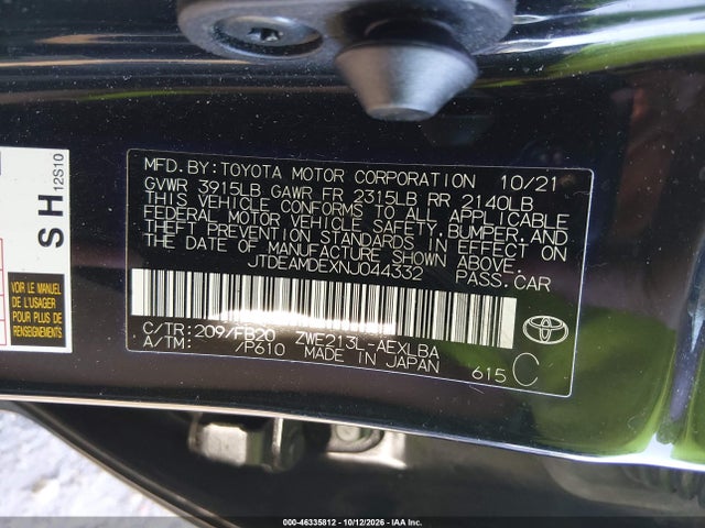 Aukcja sprzedaży 2022 Toyota Corolla Hybrid Le, vin: JTDEAMDEXNJ044332, numer aukcji: 46335812