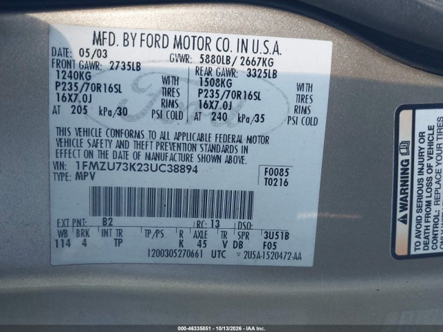46335851 :رقم المزاد ، 1FMZU73K23UC38894 vin ، 2003 Ford Explorer Nbx/xlt مزاد بيع