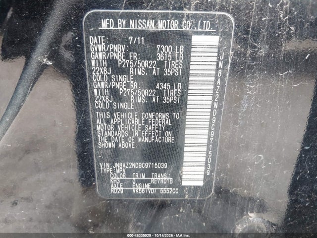 Aukcja sprzedaży 2012 Infiniti Qx56, vin: JN8AZ2ND9C9715039, numer aukcji: 46335929