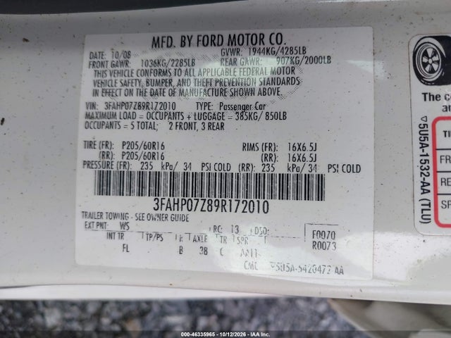 Продажа на аукционе авто 2009 Ford Fusion Se, vin: 3FAHP07Z89R172010, номер лота: 46335965