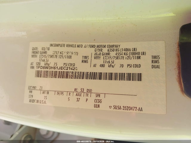 Продаж на аукціоні авто 2018 Ford F350 Super Duty, vin: 1FD8W3H61JEC21425, номер лоту: 46335978