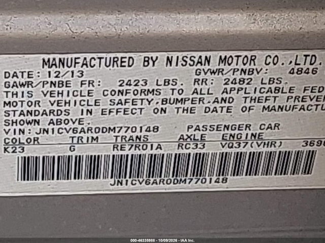 Aukcja sprzedaży 2013 Infiniti G37x, vin: JN1CV6AR0DM770148, numer aukcji: 46335988