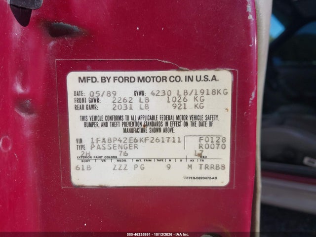 Aukcja sprzedaży 1989 Ford Mustang Gt/cobra Gt, vin: 1FABP42E6KF261711, numer aukcji: 46335991