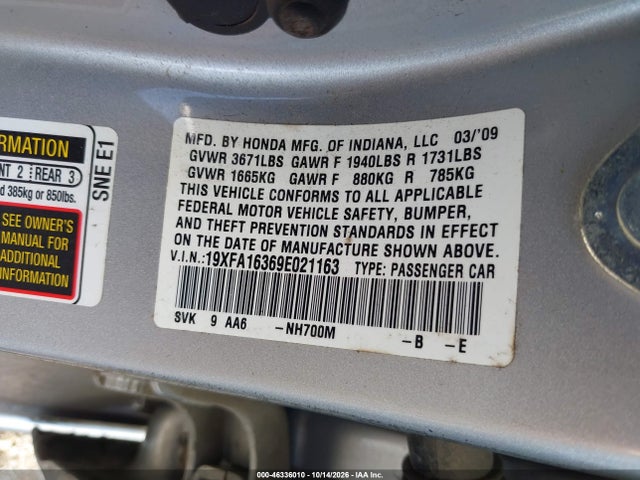 Aukcja sprzedaży 2009 Honda Civic Vp, vin: 19XFA16369E021163, numer aukcji: 46336010