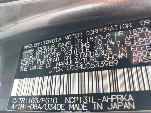 46336018 :رقم المزاد ، JTDKTUD34DD543989 vin ، 2013 Toyota Yaris Le مزاد بيع
