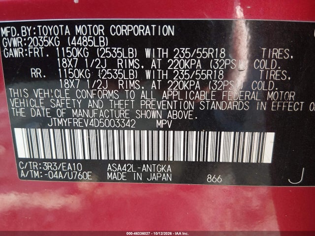 46336027 :رقم المزاد ، JTMYFREV4D5003342 vin ، 2013 Toyota Rav4 Limited مزاد بيع