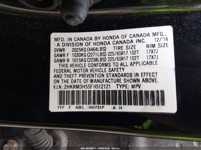 2015 Honda Cr-v Ex მანქანა იყიდება აუქციონზე, vin: 2HKRM3H55FH512121, აუქციონის ნომერი: 46336071