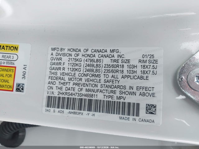 Продаж на аукціоні авто 2025 Honda Cr-v Ex-l Awd, vin: 2HKRS4H73SH465811, номер лоту: 46336089