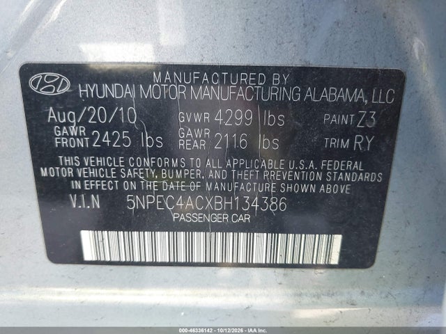 Продаж на аукціоні авто 2011 Hyundai Sonata Se, vin: 5NPEC4ACXBH134386, номер лоту: 46336142