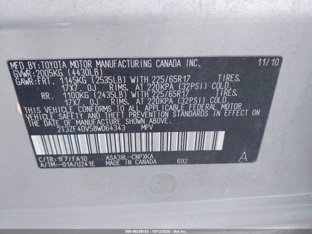 Продажа на аукционе авто 2011 Toyota Rav4, vin: 2T3ZF4DV5BW064343, номер лота: 46336153