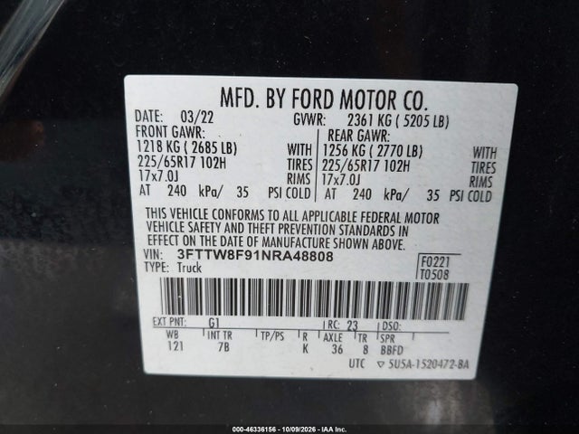 46336156 :رقم المزاد ، 3FTTW8F91NRA48808 vin ، 2022 Ford Maverick Xlt مزاد بيع
