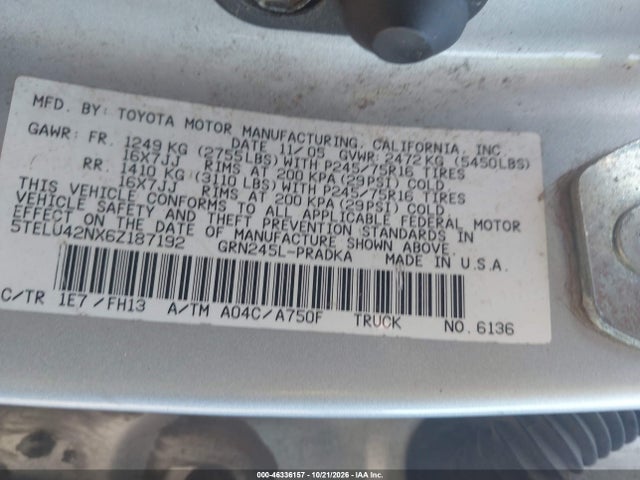 Продажа на аукционе авто 2006 Toyota Tacoma Base V6, vin: 5TELU42NX6Z187192, номер лота: 46336157