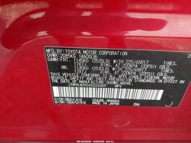 46336200 :رقم المزاد ، JTMYK4DV6A5026469 vin ، 2010 Toyota Rav4 Limited V6 مزاد بيع