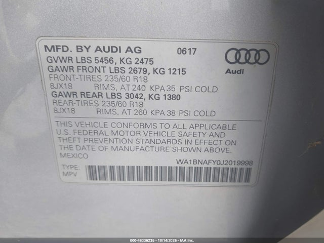 Aukcja sprzedaży 2018 Audi Q5 2.0t Premium/2.0t Tech Premium, vin: WA1BNAFY0J2019998, numer aukcji: 46336235