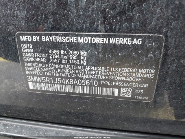 46336236 :رقم المزاد ، 3MW5R1J54K8A05610 vin ، 2019 Bmw 330i مزاد بيع