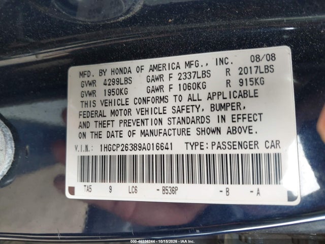 2009 Honda Accord 2.4 Lx მანქანა იყიდება აუქციონზე, vin: 1HGCP26389A016641, აუქციონის ნომერი: 46336244