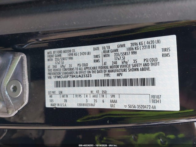 2019 Ford Escape S მანქანა იყიდება აუქციონზე, vin: 1FMCU0F79KUA23323, აუქციონის ნომერი: 46336253