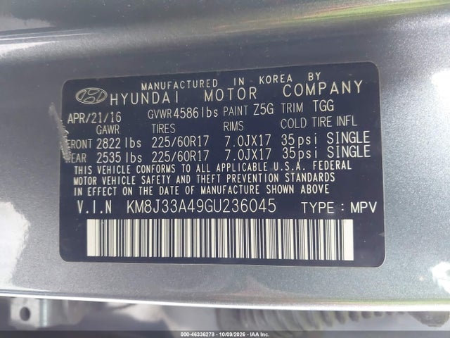 46336278 :رقم المزاد ، KM8J33A49GU236045 vin ، 2016 Hyundai Tucson Se مزاد بيع