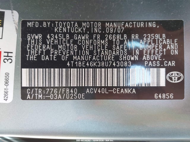 2008 Toyota Camry Le მანქანა იყიდება აუქციონზე, vin: 4T1BE46K38U743083, აუქციონის ნომერი: 46336292
