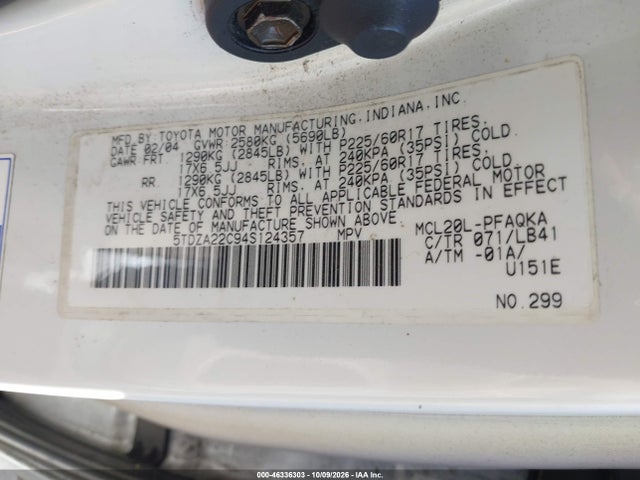 Aukcja sprzedaży 2004 Toyota Sienna Xle Limited, vin: 5TDZA22C94S124357, numer aukcji: 46336303