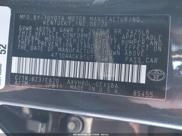 2026 Toyota Camry Se მანქანა იყიდება აუქციონზე, vin: 4T1DAACK9TU771289, აუქციონის ნომერი: 46336309