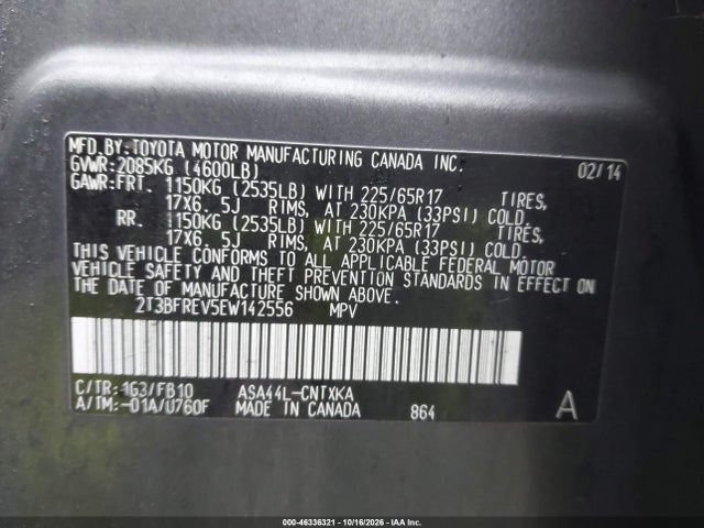 46336321 :رقم المزاد ، 2T3BFREV5EW142556 vin ، 2014 Toyota Rav4 Le مزاد بيع